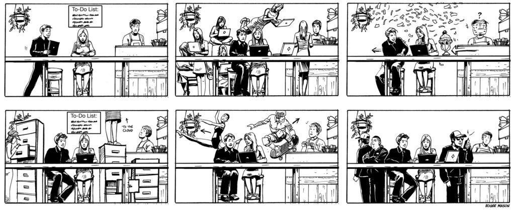 Storyboards about a woman in a cafe using her new Google Chromebook