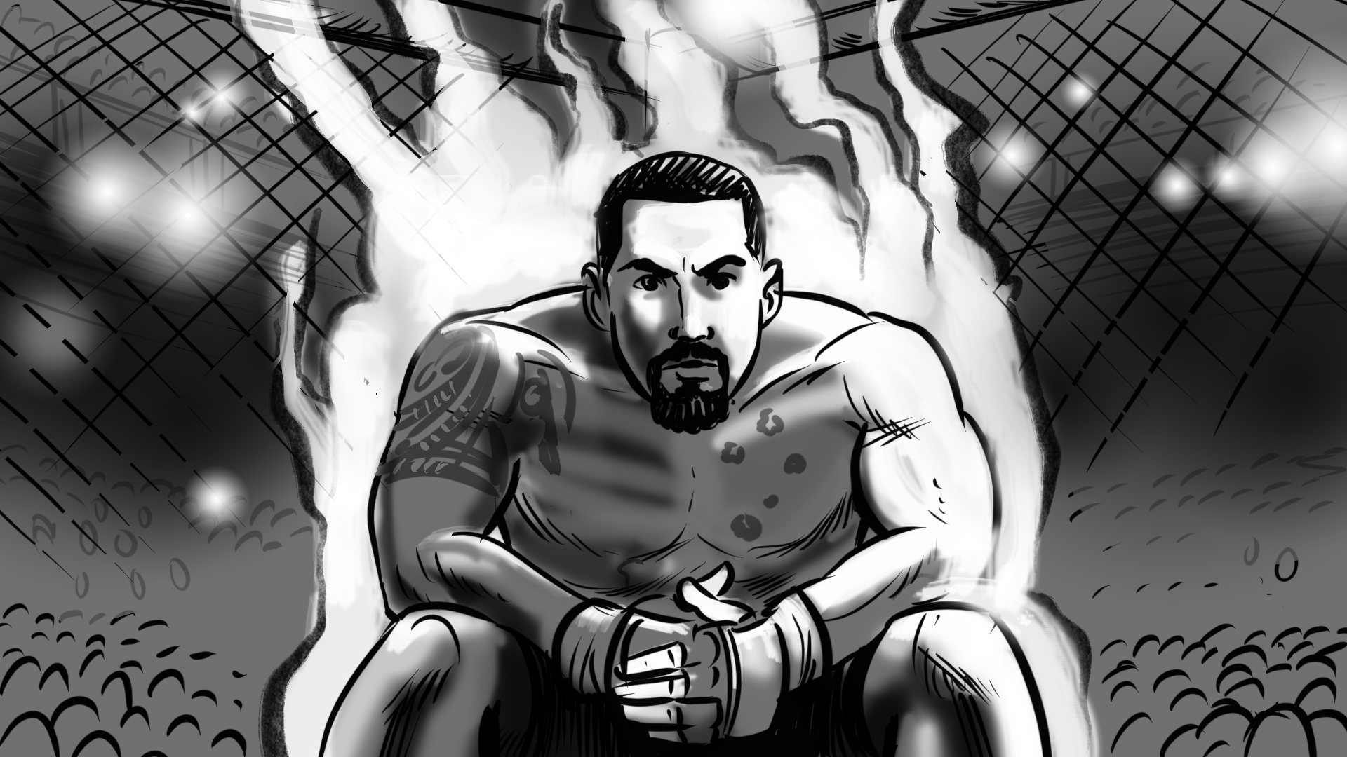 Storyboards for Musashi energy drink. Featuring Rob Whittaker of UFC, directed by Jeremy Mansford. Art by Roger Mason
