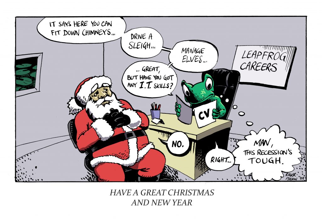 Christmas card for Leapfrog Careers, with an unemployed Santa. Art by Roger Mason