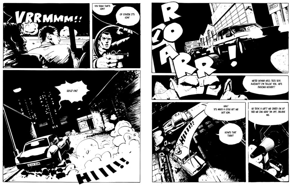 Two London street police chase a criminal sex offender in a car. Comic art.