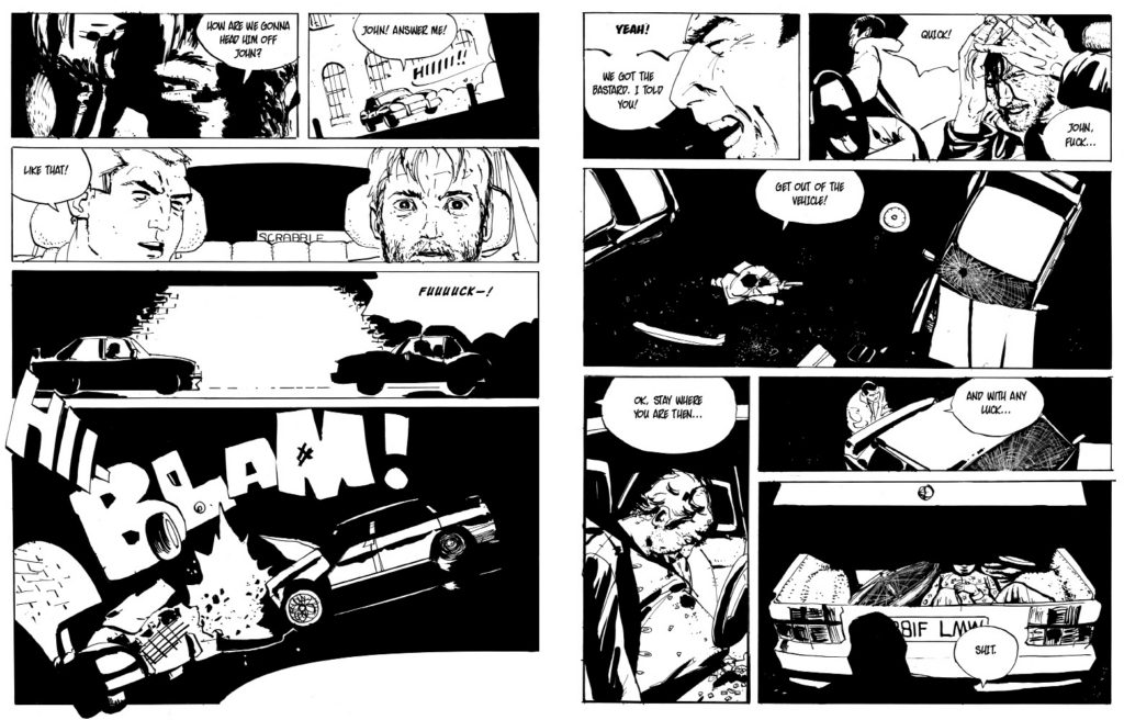 Two London coppers chase a criminal. Comic art.