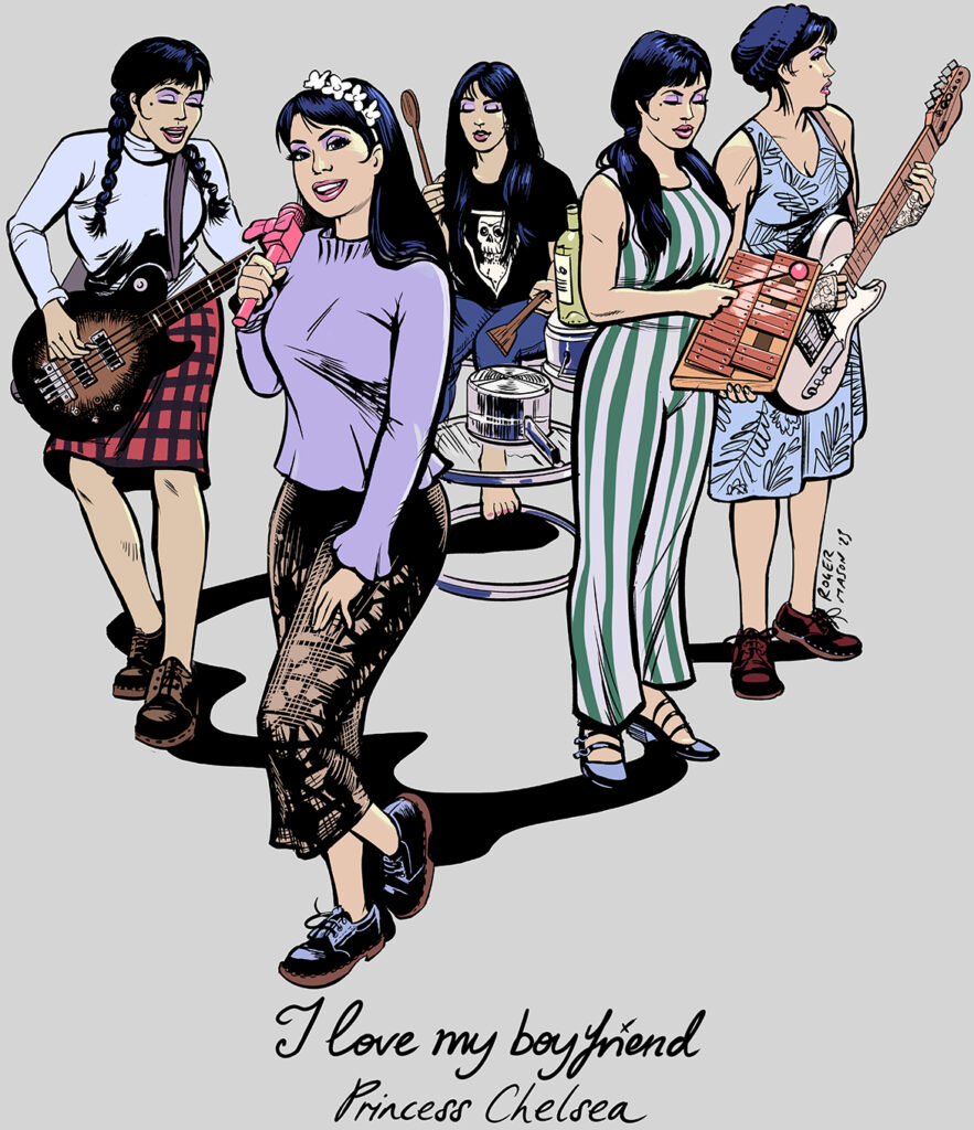 T-shirt illustration for kiwi pop star Princess Chelsea. Based on the music video where Chelsea plays every instrument.