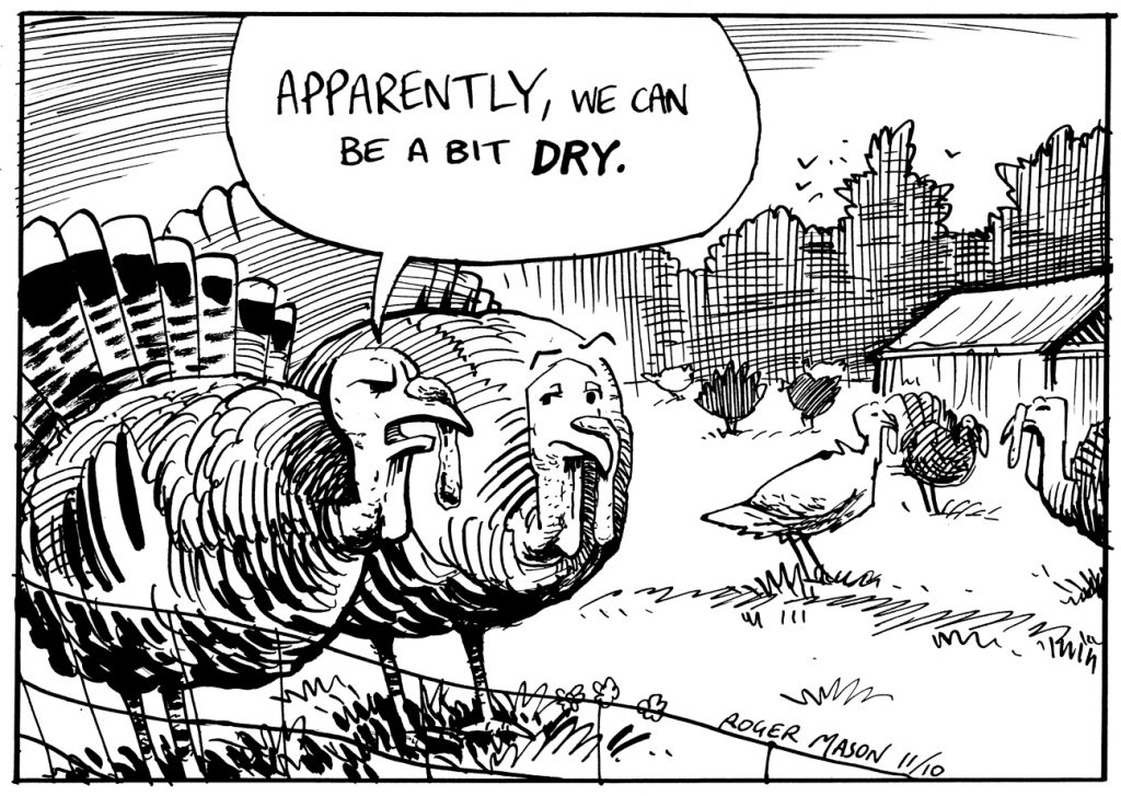Turkeys at Christmas. Cartoon by Roger Mason