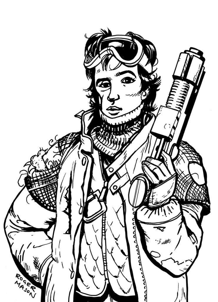 A winter soldier with a deformed face holds a gun. Character design.