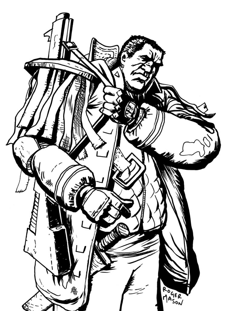 A tough winter soldier arms himself before going outside. Character design.