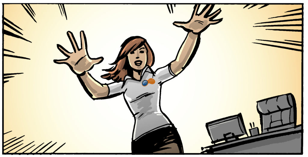 A female superhero uses her powers. Storyboard frame.