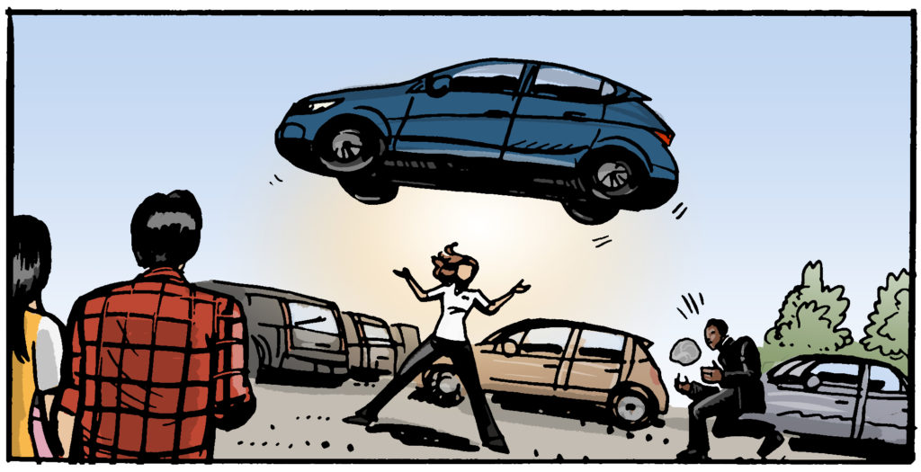 A superhero lifts up a car with her mind. Storyboard frame.