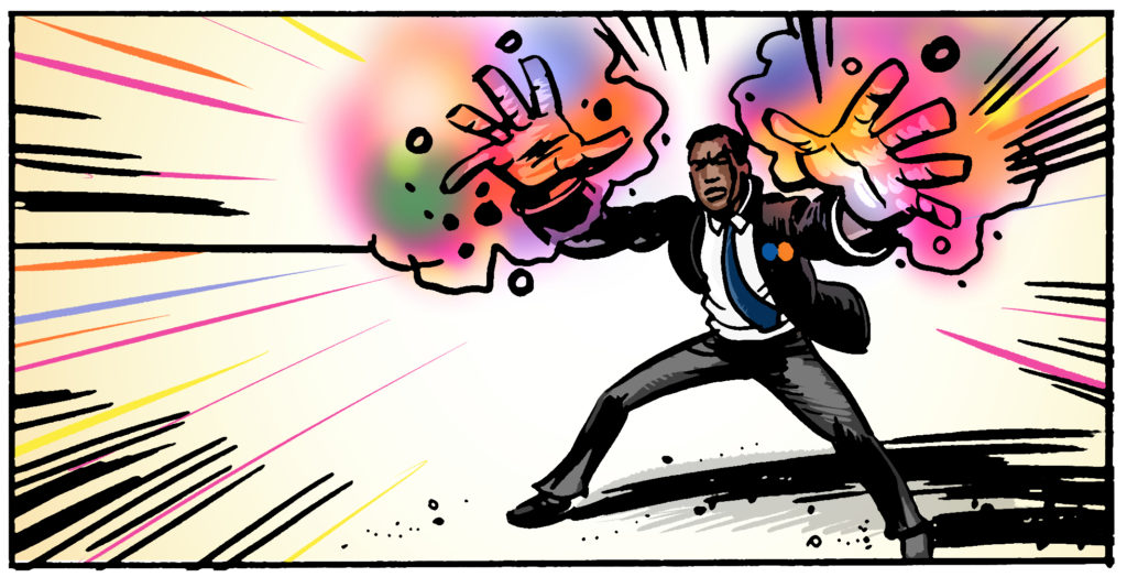 A superhero uses his energy powers. Storyboard frame.