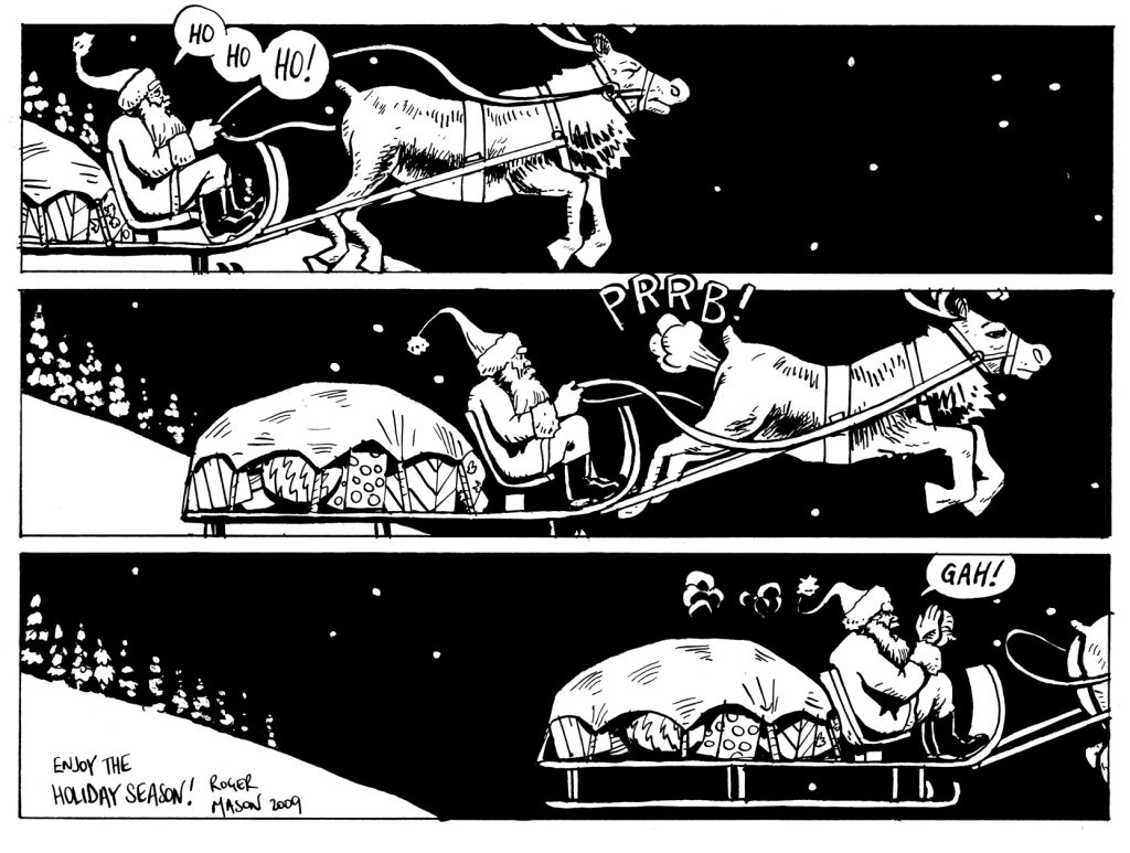 Christmas comic strip on a card featuring Santa and a farting reindeer. Comic by Roger Mason