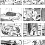 A woman reads to her son at bedtime. Storyboards.