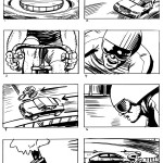 A cyclist races a Jaguar around a velodrome. Storyboard.