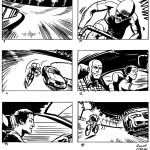 A cyclist races a Jaguar around a velodrome. Storyboard.