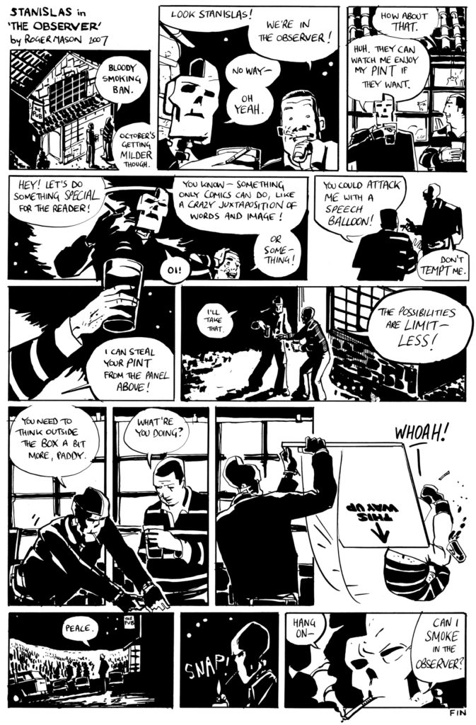 Comic strip entry for The Observer, of two friends enjoying a beer.