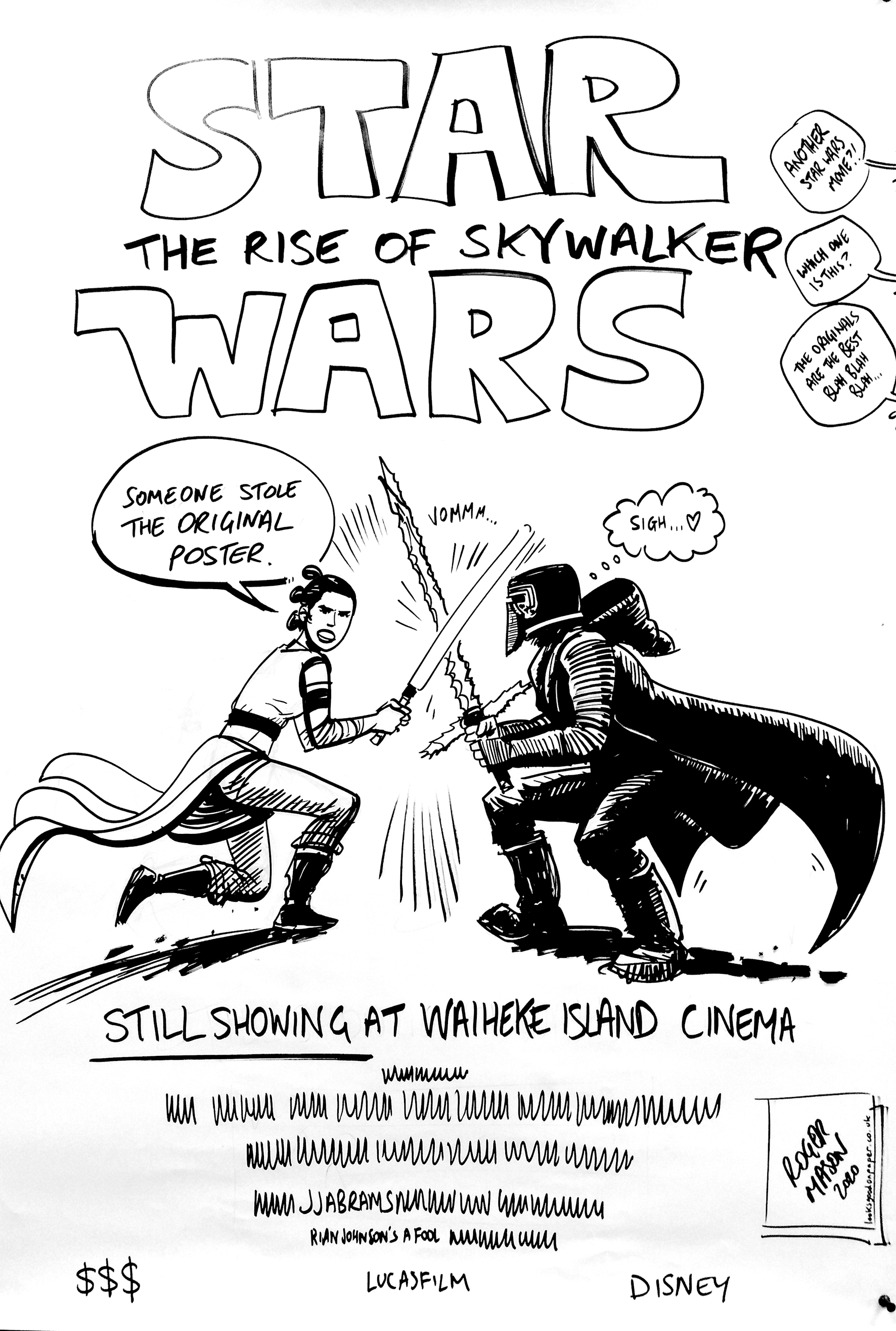 A hand drawn movie poster for Star Wars: The Rise of Skywalker, by artist and illustrator Roger Mason